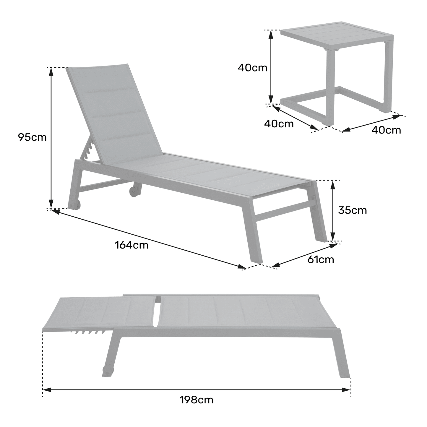 Ensemble de 2 bains de soleil et table d'appoint en textilène gris - aluminium blanc