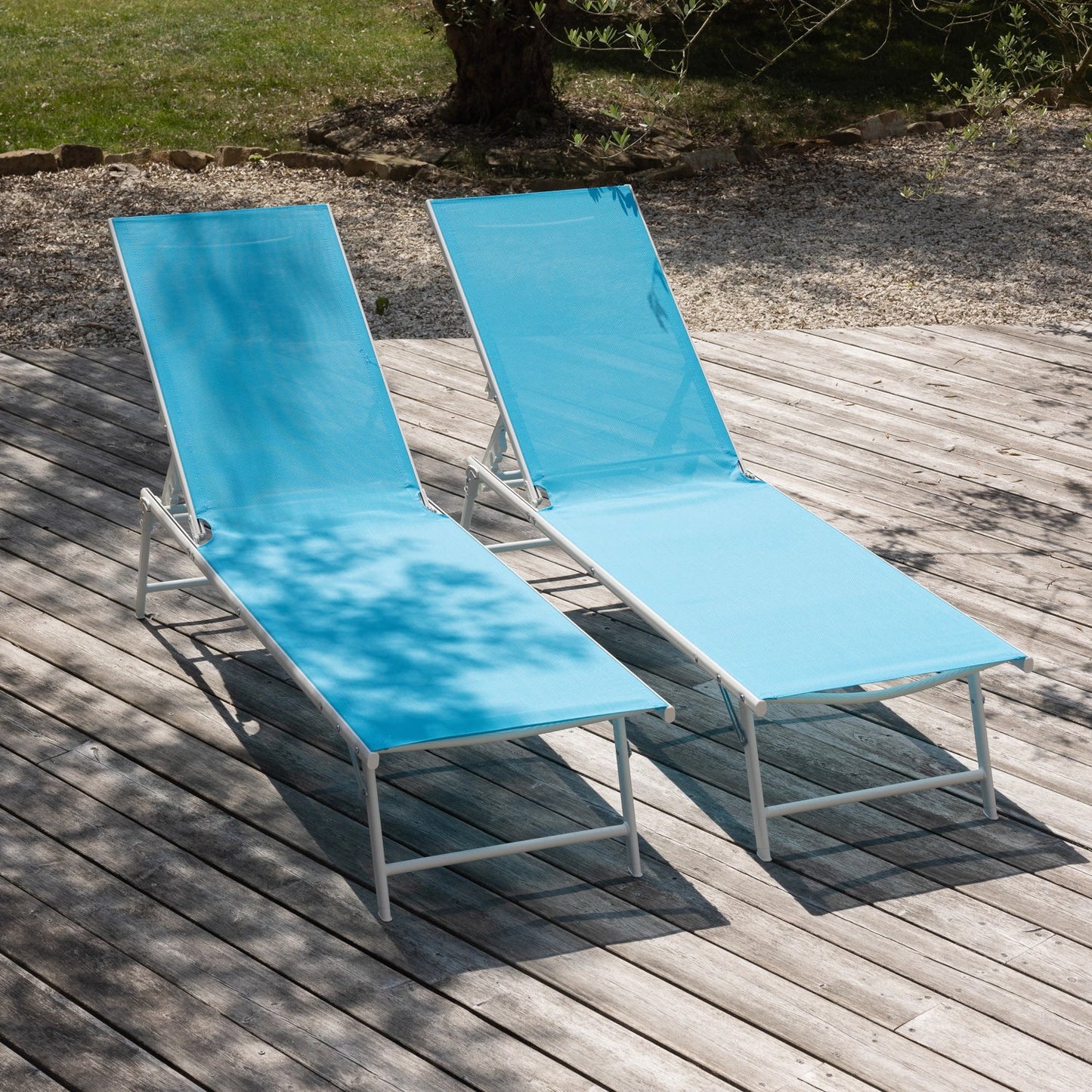 Lot de 2 chaises longues pliantes en textilène bleu - structure blanche
