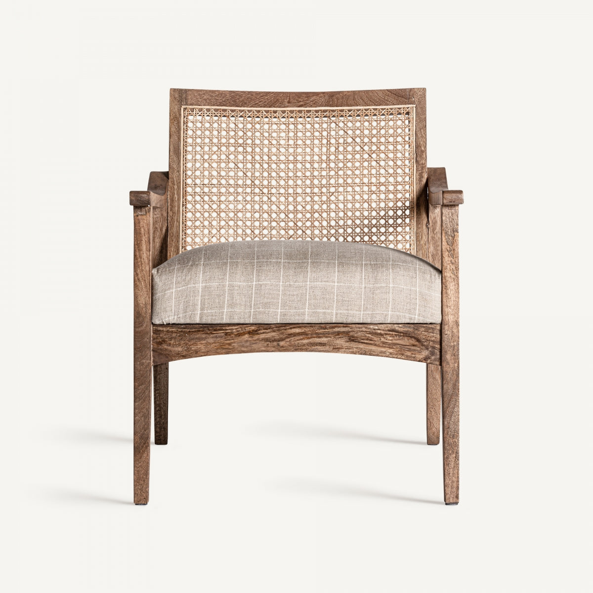 Fauteuil en tissu beige et rotin