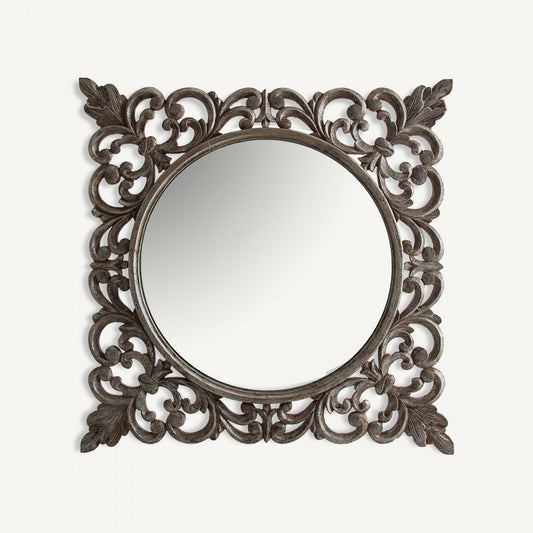 Miroir rond en verre et bois