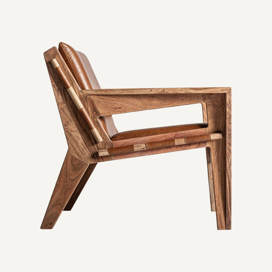 Fauteuil en cuir marron et bois d'acacia
