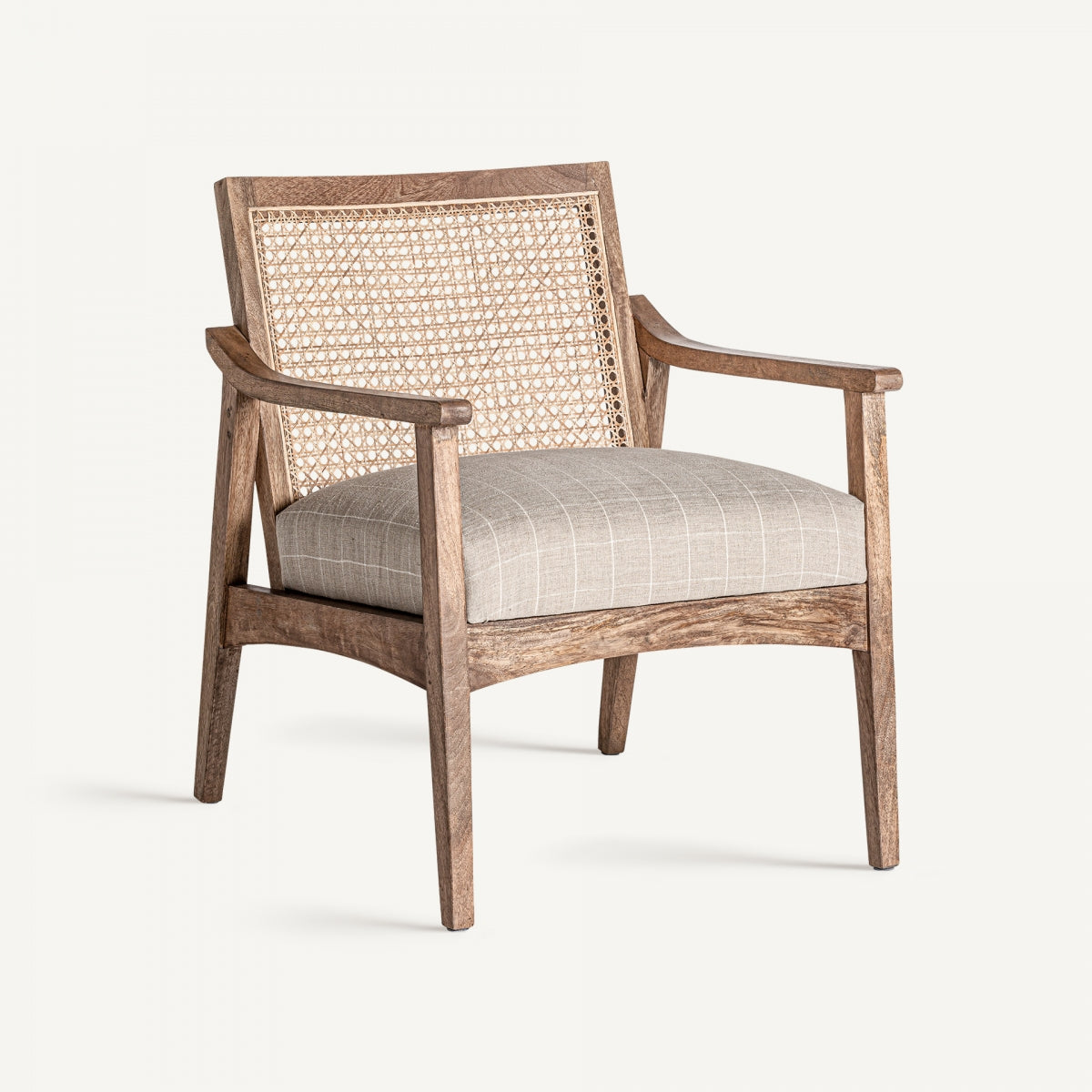 Fauteuil en tissu beige et rotin