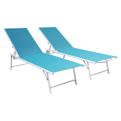 Lot de 2 chaises longues pliantes en textilène bleu - structure blanche