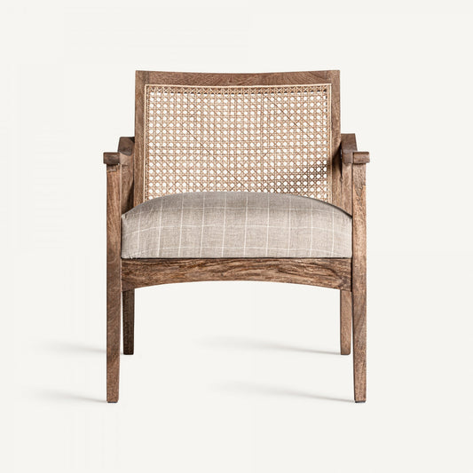 Fauteuil en tissu beige et rotin