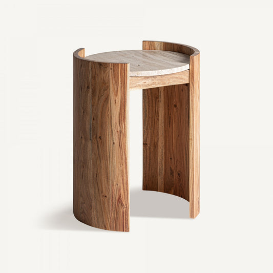 Table d'appoint en travertin beige et bois d'acacia