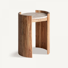 Table d'appoint en travertin beige et bois d'acacia